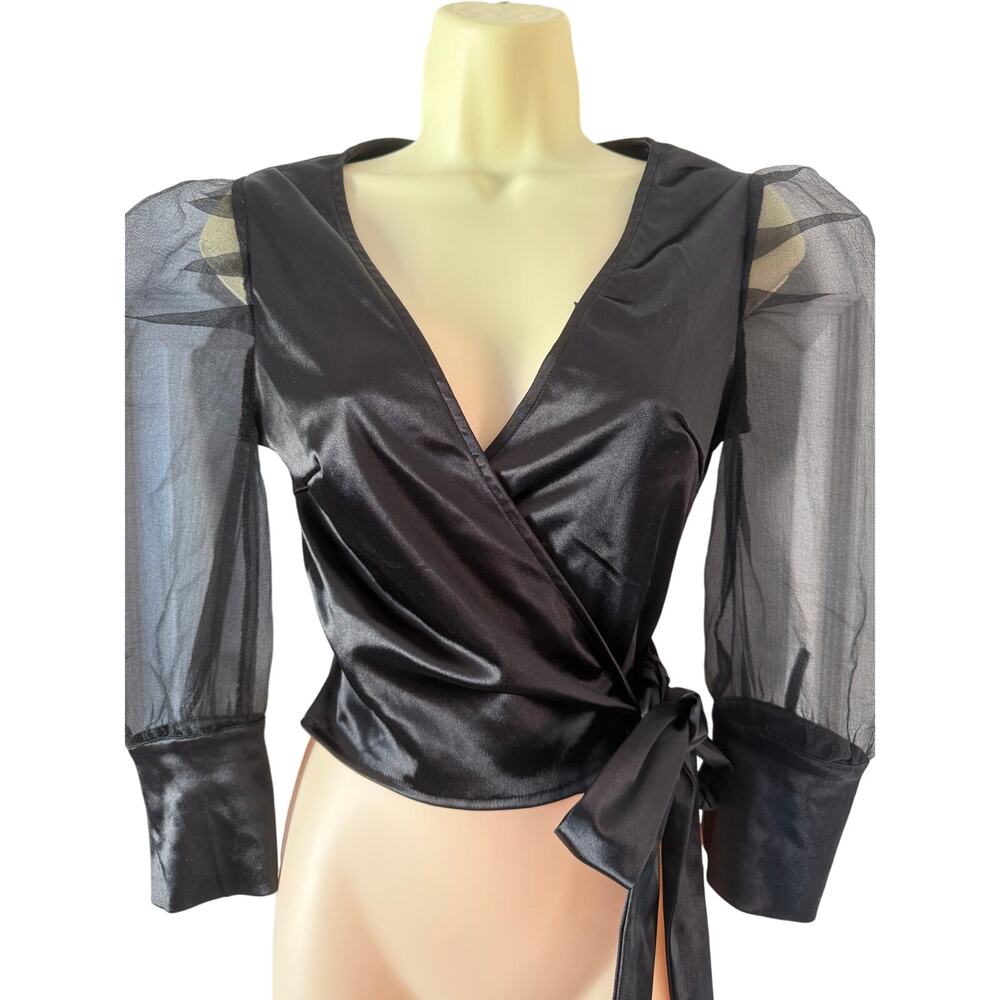 Nasty Gal Black Satiny Wrap Blouse Puff Sleeve Size 2